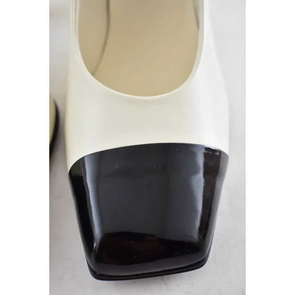 Chanel 26S Blazy Ivory Black Square Toe CC Gold Logo Block Heel Classic Pump 41